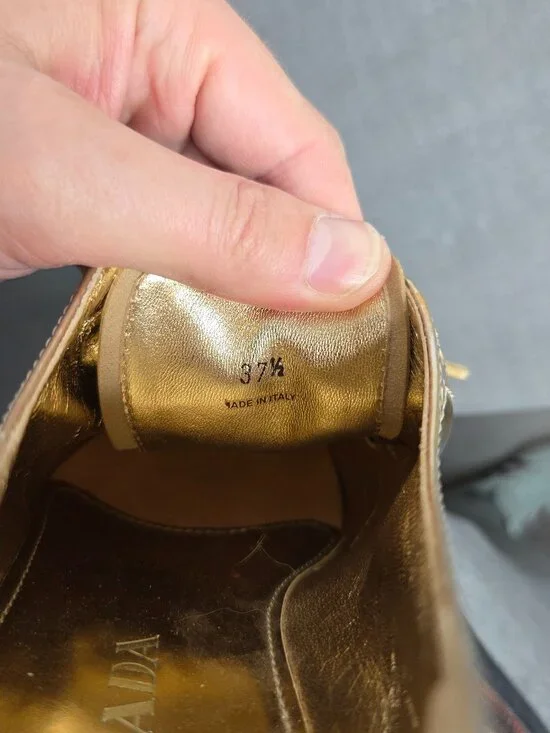 Prada Gold Metallic Platform Brogue Oxfords Espadrille Sole Women's 37.5 - Picture 11 of 13